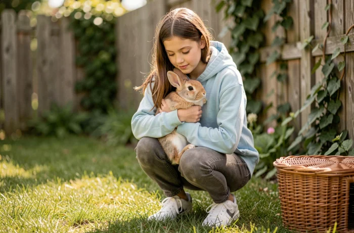 Adolescente tenant un lapin dans ses bras dans un jardin verdoyant, examen et soin d'un petit animal de compagnie
