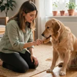 Jeune femme brossant son chien golden retriever dans un salon chaleureux, soin quotidien des animaux de compagnie