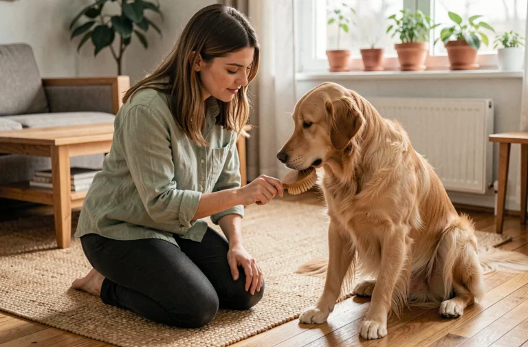 Jeune femme brossant son chien golden retriever dans un salon chaleureux, soin quotidien des animaux de compagnie