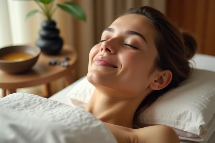 Femme détendue lors d'un soin sensoriel tao tantra dans un espace zen à Nantes