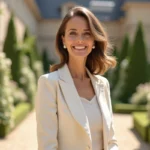 Sophie Jovillard élégante dans un jardin de château français en 2026, portrait éditorial