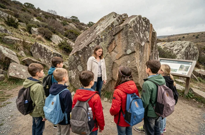 Groupe d'enfants en sortie scolaire avec leur enseignante observant des formations rocheuses en plein air