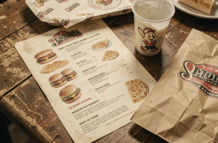 Nature morte de souvenirs d'une ancienne chaîne de restaurants française, avec menu plastifié rétro, gobelet de collection et sac en papier froissé aux logos vintage
