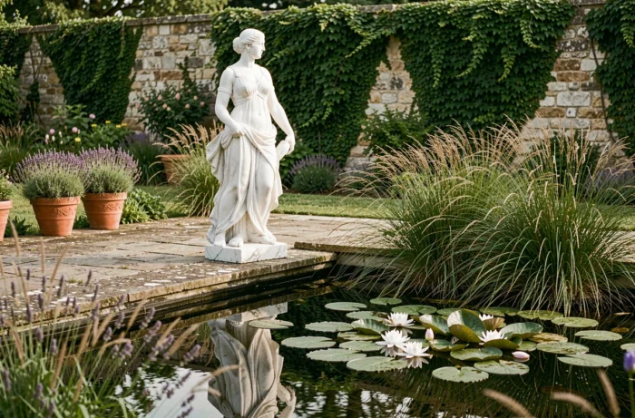 Statue classique en marbre blanc XXL au bord d'un bassin de jardin avec reflet dans l'eau et ornements en lavande