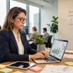 Femme professionnelle analysant des tableaux de bord de marketing digital sur un ordinateur portable dans un bureau moderne