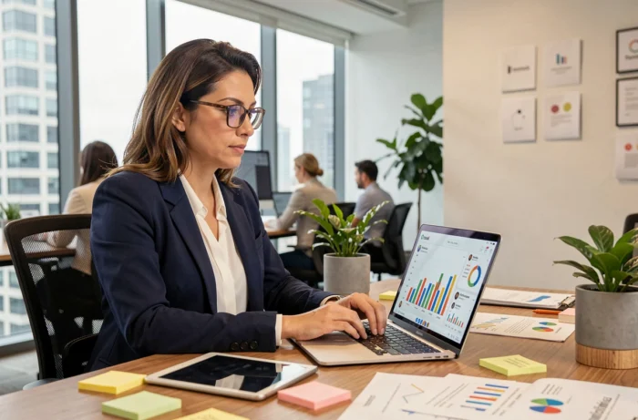 Femme professionnelle analysant des tableaux de bord de marketing digital sur un ordinateur portable dans un bureau moderne
