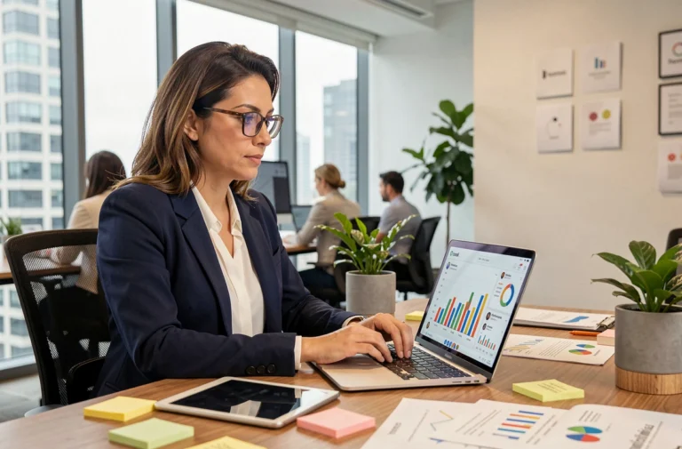 Femme professionnelle analysant des tableaux de bord de marketing digital sur un ordinateur portable dans un bureau moderne