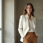 Femme élégante en blazer ivoire et pantalon camel dans un appartement parisien minimaliste, style féminin moderne