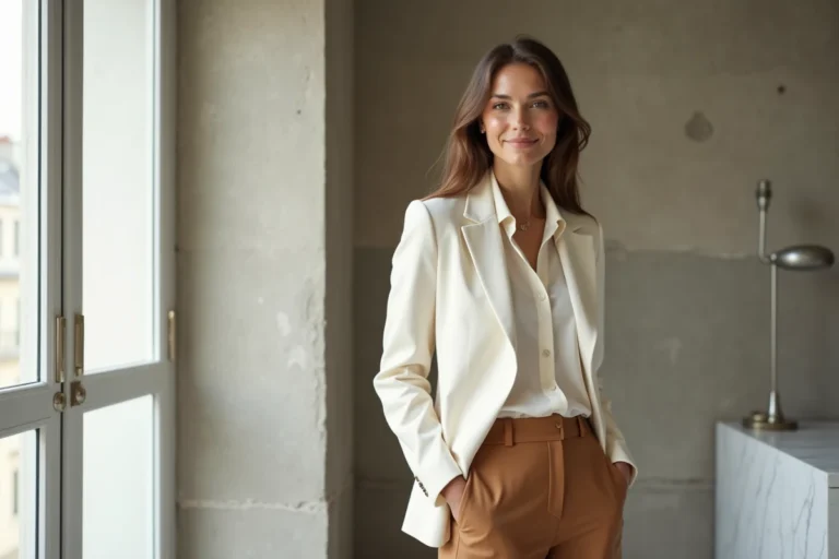 Femme élégante en blazer ivoire et pantalon camel dans un appartement parisien minimaliste, style féminin moderne