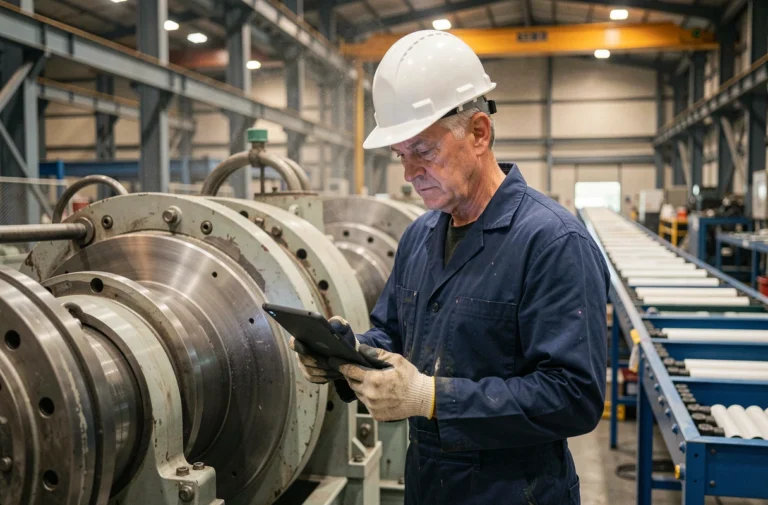 Technicien de maintenance industrielle inspectant des machines en cours de production dans une usine moderne