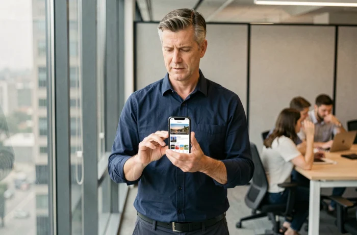 Homme téléchargeant une application mobile sécurisée depuis un store sur son smartphone au bureau
