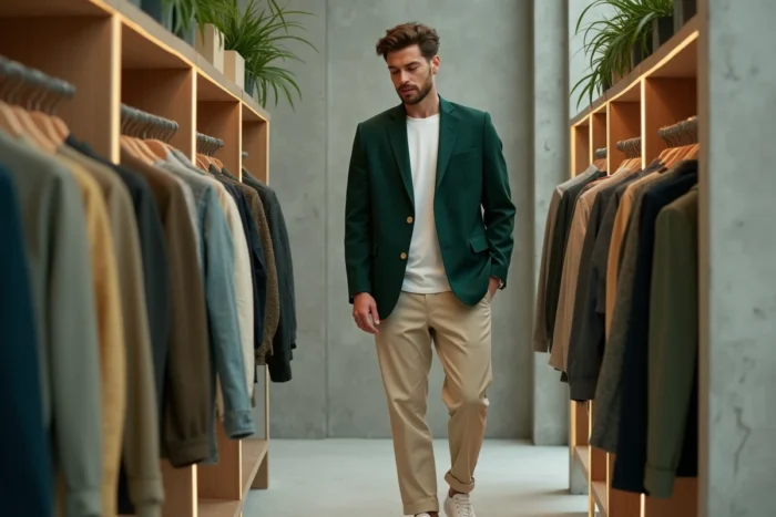 Homme en blazer vert oversize dans un concept store minimaliste, tendances mode masculine 2024