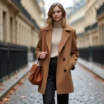 Femme en manteau camel et pantalon large tendance automne-hiver 2024 dans une rue parisienne pavée