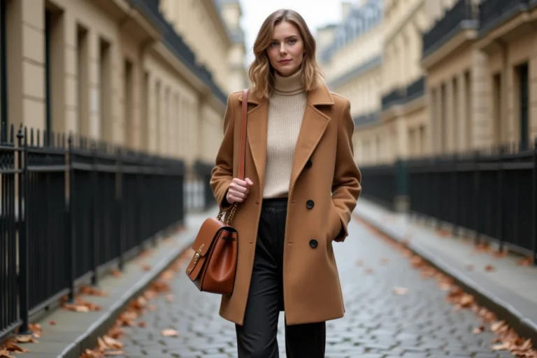 Femme en manteau camel et pantalon large tendance automne-hiver 2024 dans une rue parisienne pavée