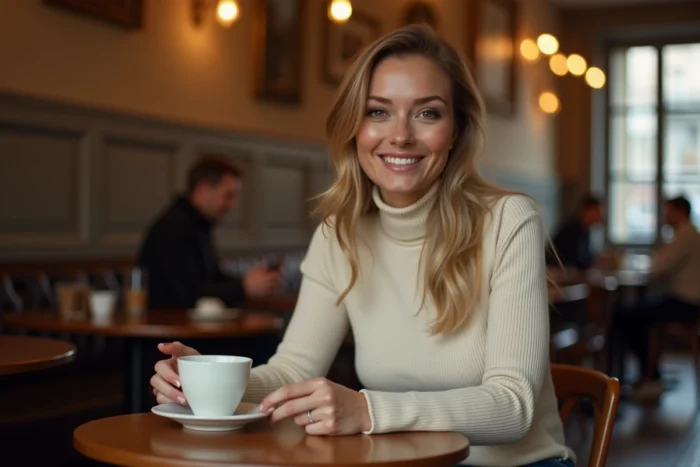Femme stylée en pull col roulé crème et pantalon marine dans un café parisien, style vestimentaire féminin et moderne