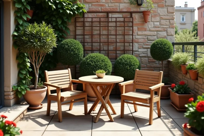 Terrasse de jardin urbain aménagée avec mobilier en teck, oliviers en pots et mur de lierre, ambiance méditerranéenne
