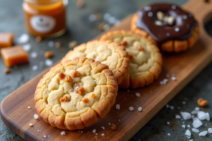 Variantes de craquelin breton présentées sur une planche en bois avec caramel beurre salé et chocolat noir, vue en détail