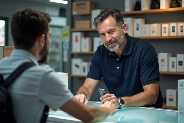 Vendeur présentant un téléphone portable basique sans internet à un client dans une boutique de téléphonie