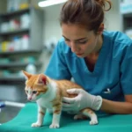 Vétérinaire examinant un chaton sur une table de consultation pour vérifier la descente des testicules