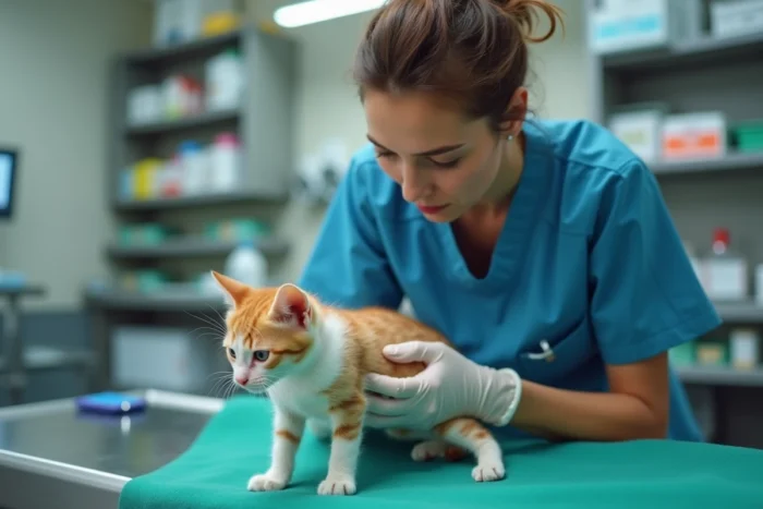 Vétérinaire examinant un chaton sur une table de consultation pour vérifier la descente des testicules