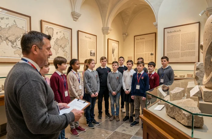 Classe d'élèves en visite scolaire dans un musée historique écoutant un guide professionnel devant des artefacts anciens